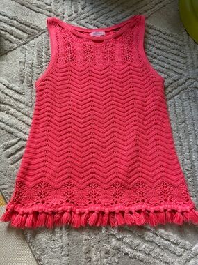 Lilly Pulitzer Coral Crochet Tank Top with Tassel Hem